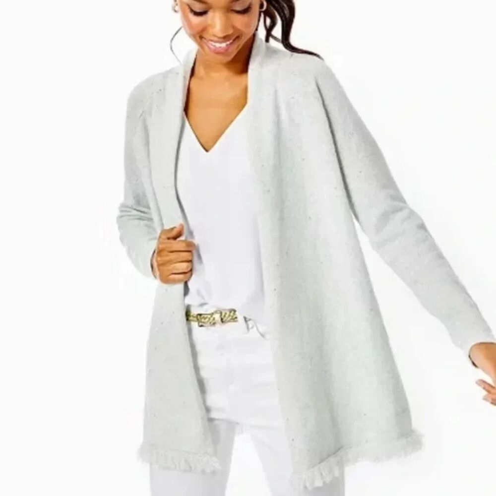 Lilly Pulitzer Tatum Sequin Cardigan Silver Metallic Open Front Cardigan Sweater